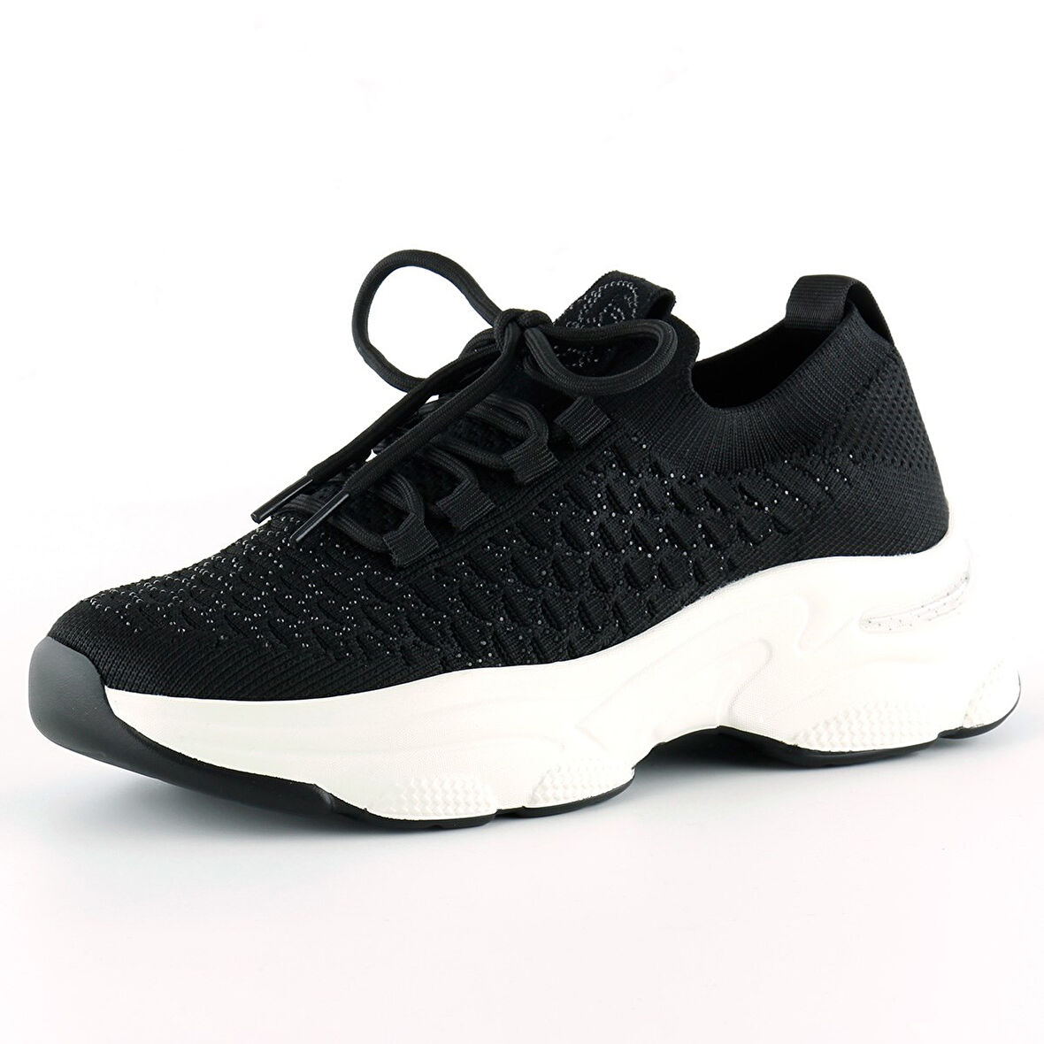Siyah Örgü Dokuma Taş Detaylı Bağcıklı Slip-on Sneaker