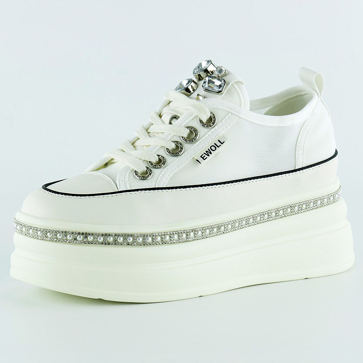Beyaz Yüksek Taban Kristal Taşlı İnci Detaylı Bağcıklı Gelin Platform Sneaker