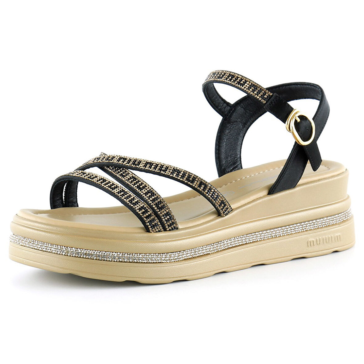 Siyah Saten Altın Kristal Taşlı Platform Sandalet