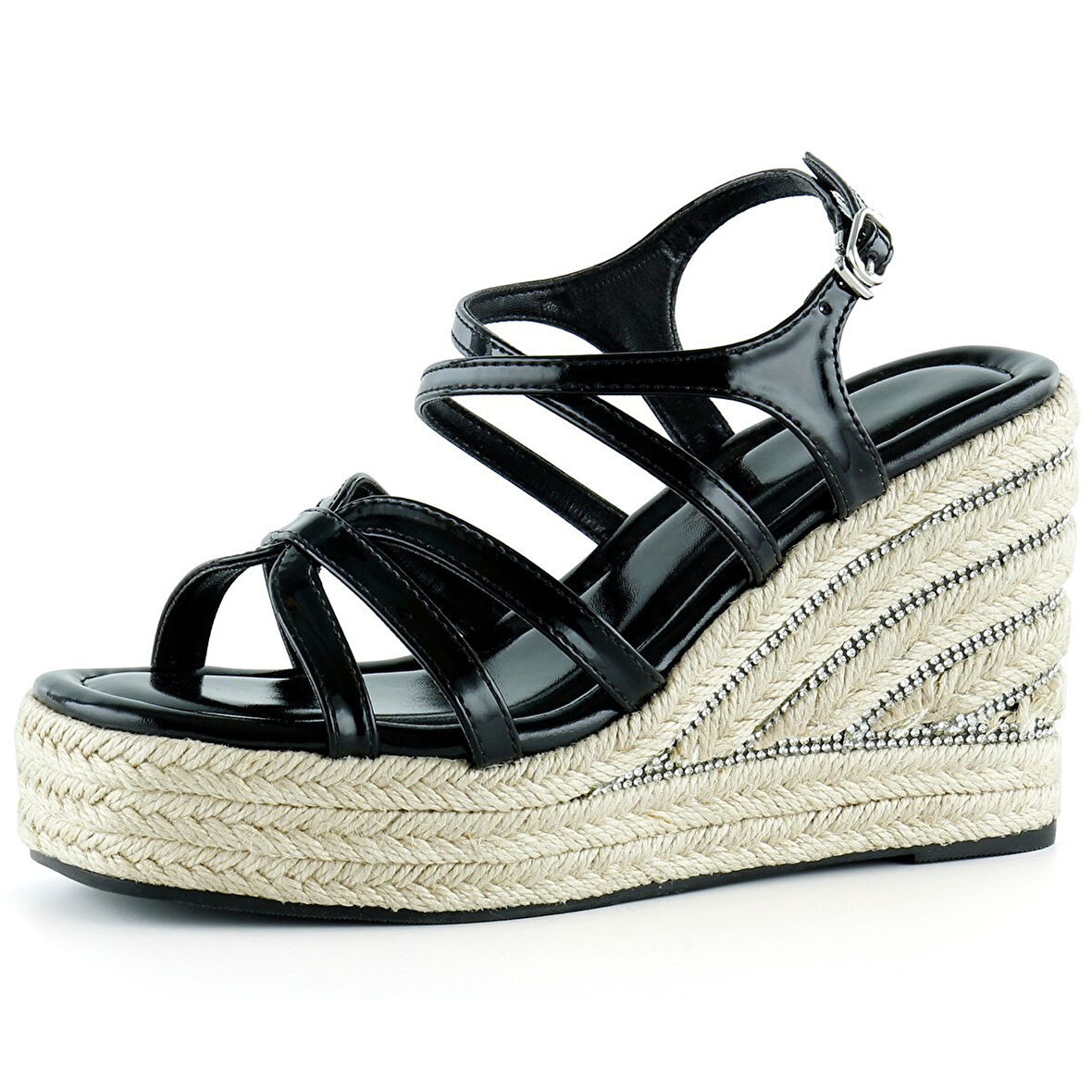 Siyah Rugan Çapraz Bantlı Taşlı Zikzak Örgü Jüt Platform Topuklu Sandalet