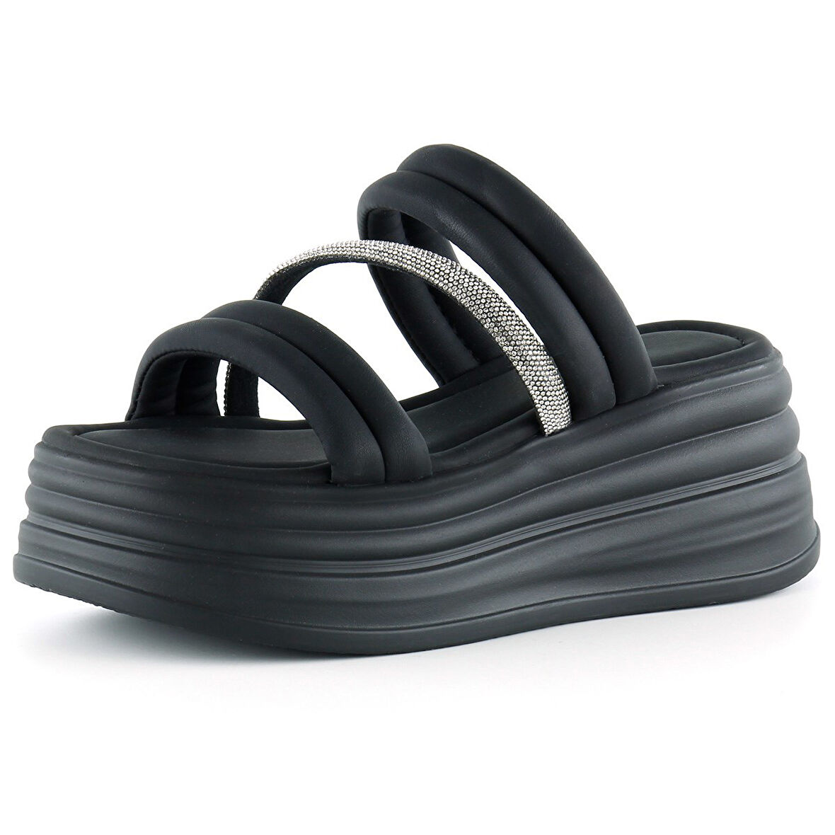 Siyah Dolgu Taban Gümüş Taşlı Bantlı Platform Terlik