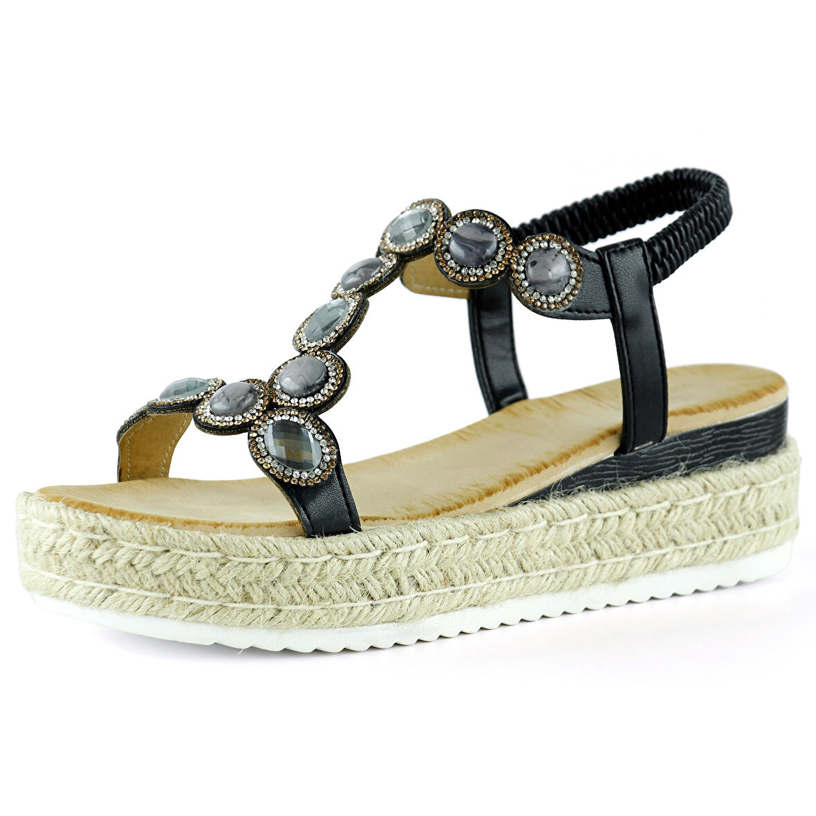 Siyah Kristal Taşlı Elastik Bantlı Zikzak Örgü Jüt Platform Topuklu Sandalet