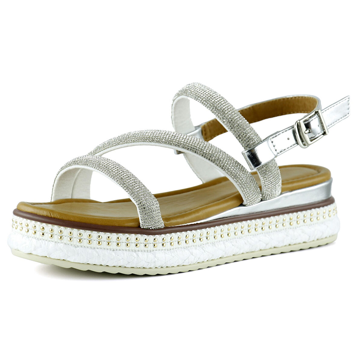 Gümüş Üç Bant Taşlı İnci Detaylı Zikzak Örgülü Platform Sandalet