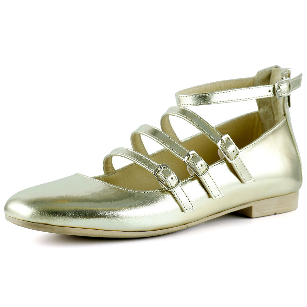 Elenuta Dore Hakiki Deri Rugan Dört Bant Tokalı Fermuarlı Balerin Babet