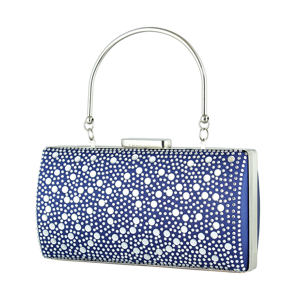 Erkan Saçmacı Lacivert Saten Damla Kristal Taşlı Metal Saplı Zincirli Abiye El Çantası