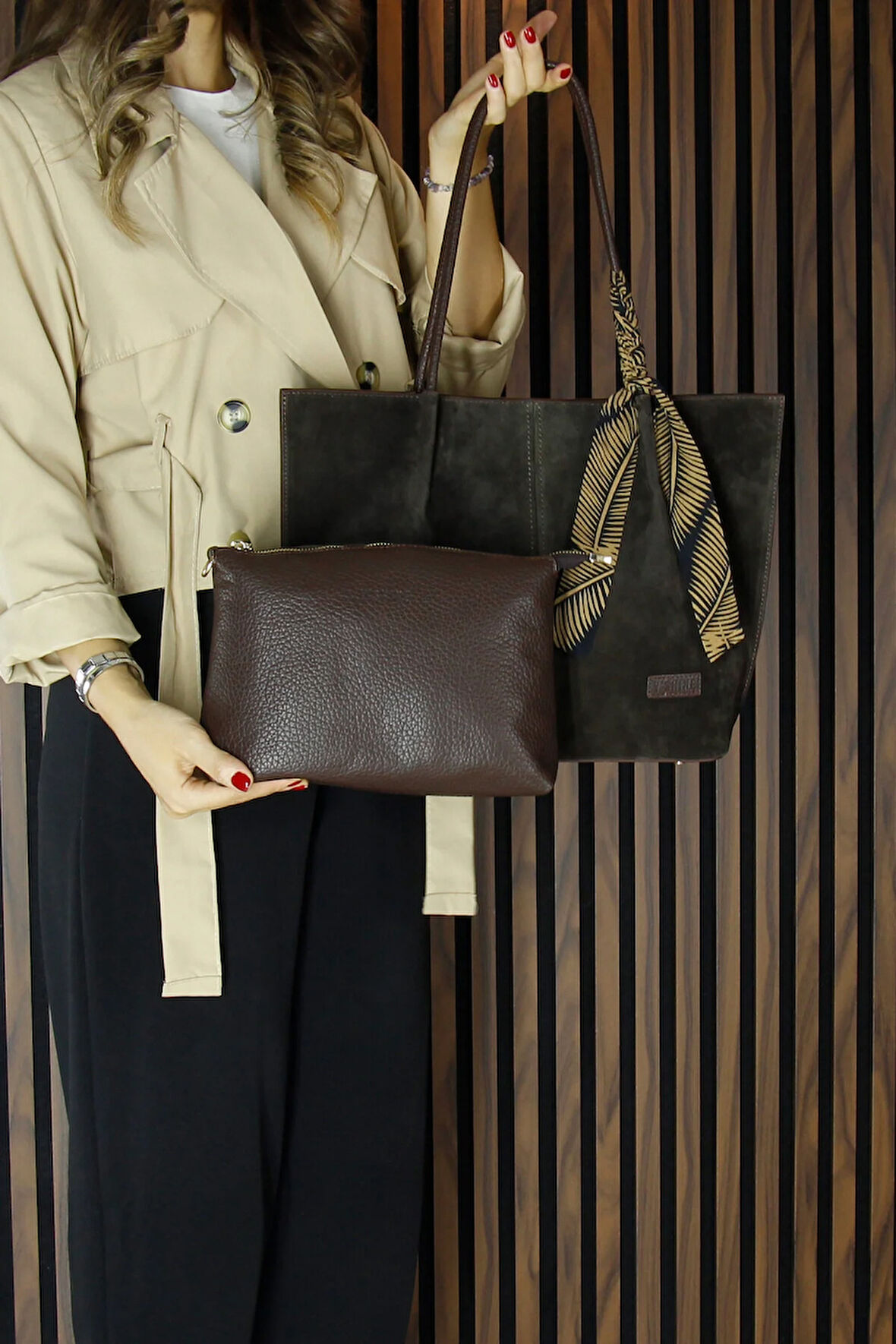 Kahve Hakiki Dana Süet Manyetik Kapaklı Büyük Boy Günlük Omuz Çantası ve Askılı El Çantası