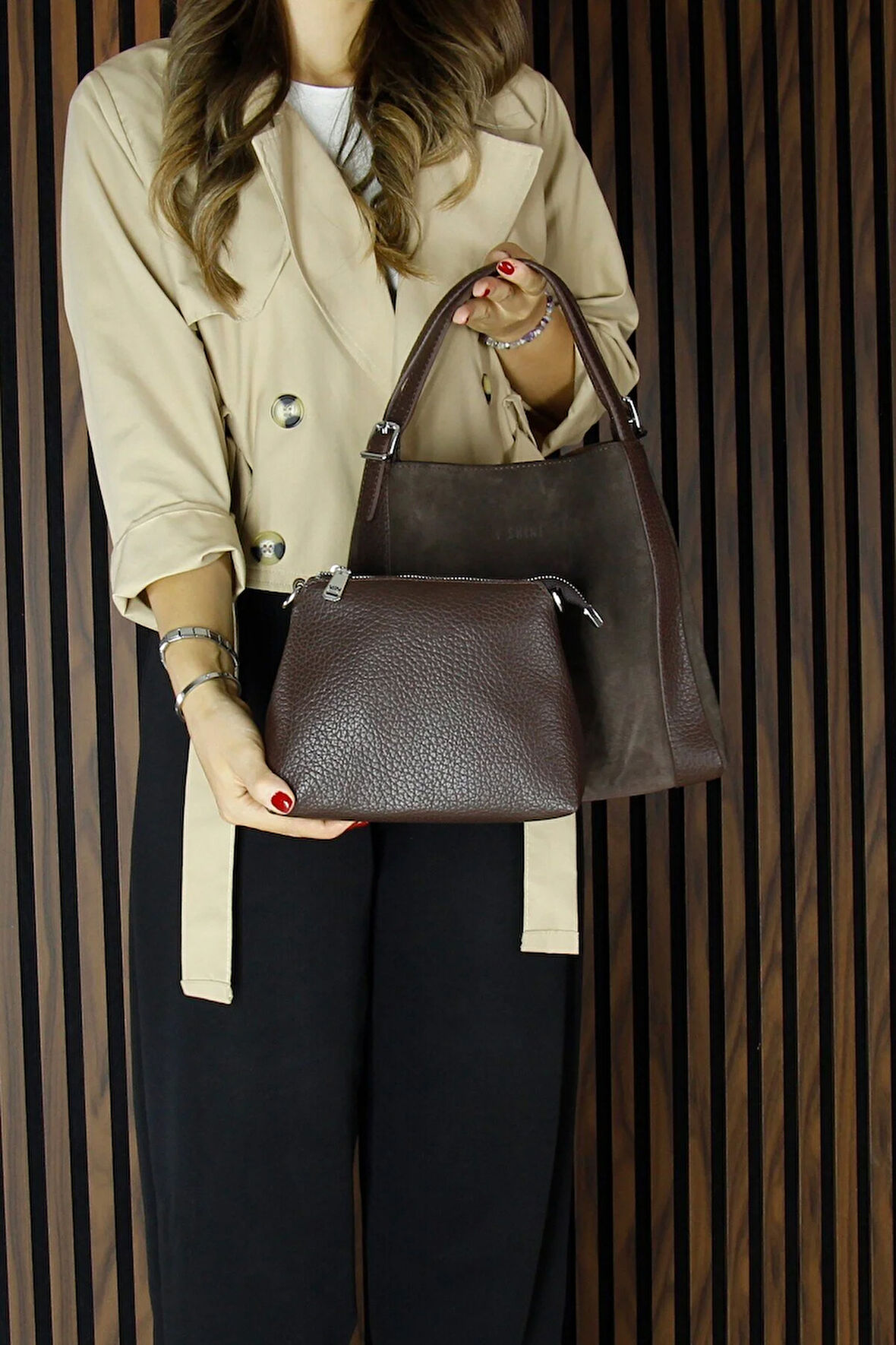 Kahve Hakiki Dana Süet Manyetik Kapaklı Büyük Boy Günlük Omuz Çantası ve Askılı El Çantası