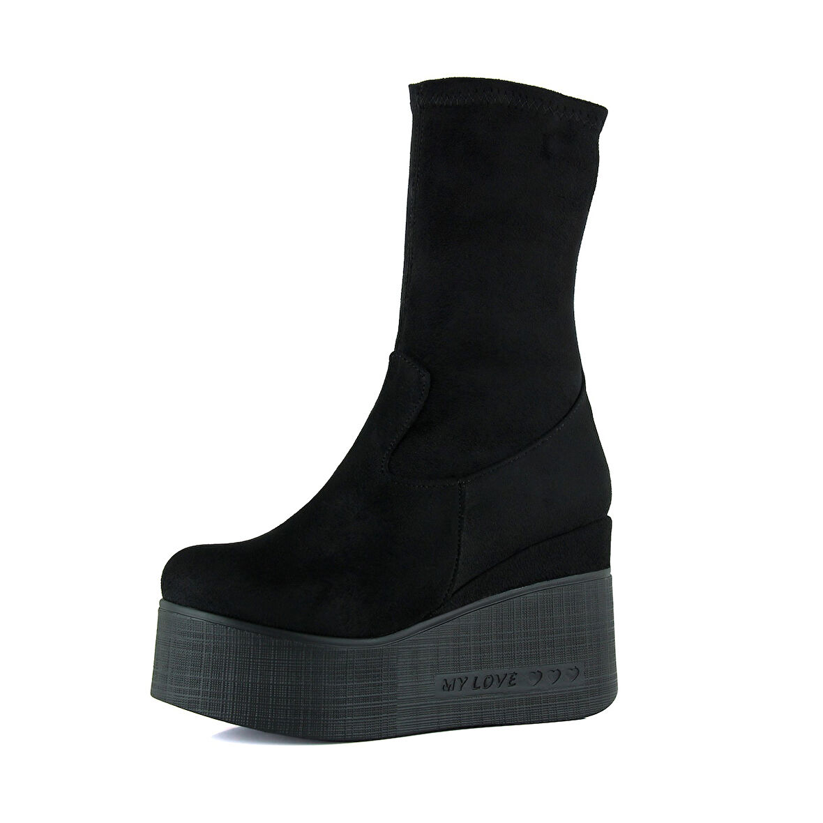 Yuki Siyah Süet Streç Kürk Astarlı Fermuarlı Yuvarlak Burun Gizli Dolgu Topuklu Bot