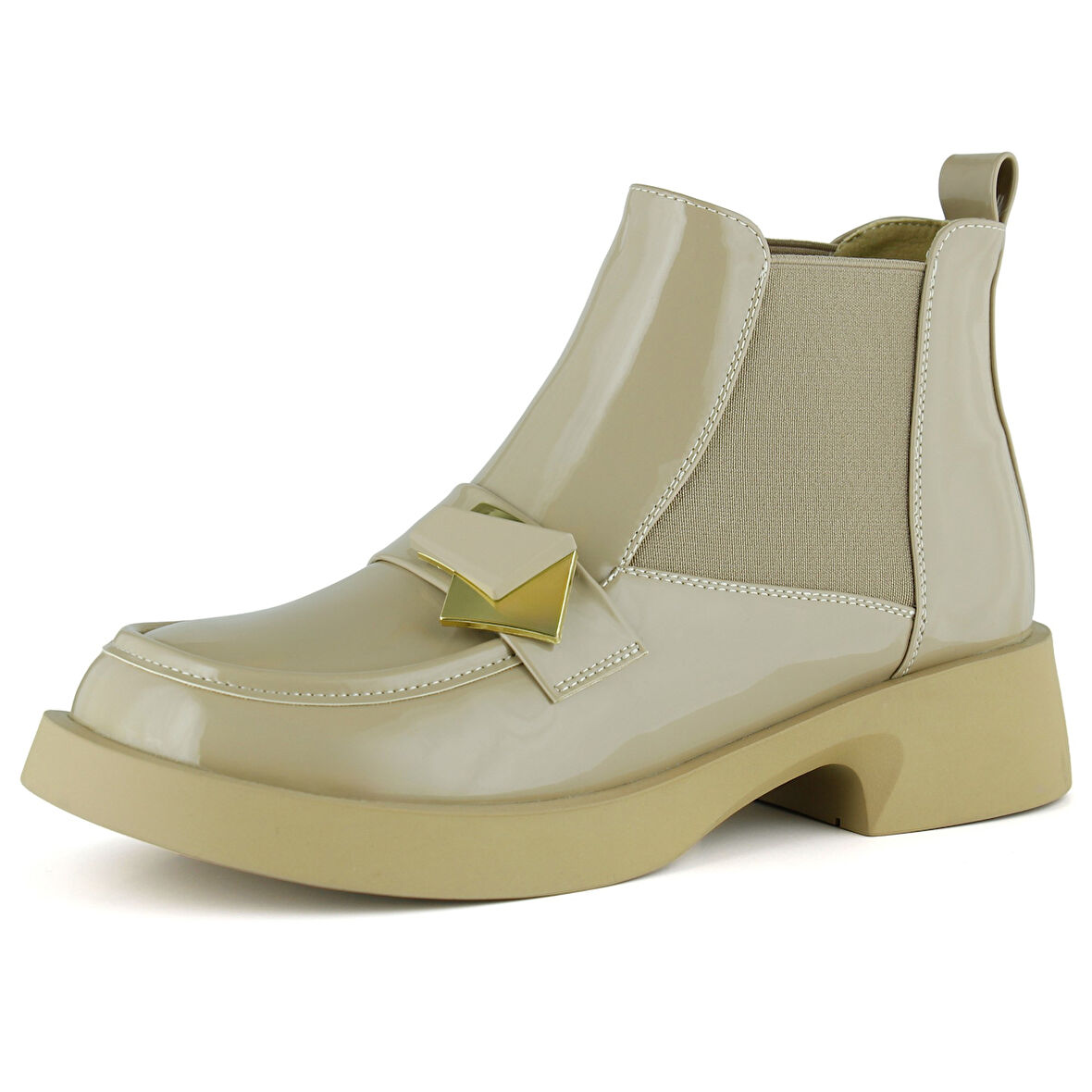 Erkan saçmacı Bej Rugan Streç Taşlı Tokalı Yuvarlak Burun Kalın Topuklu Günlük Bot