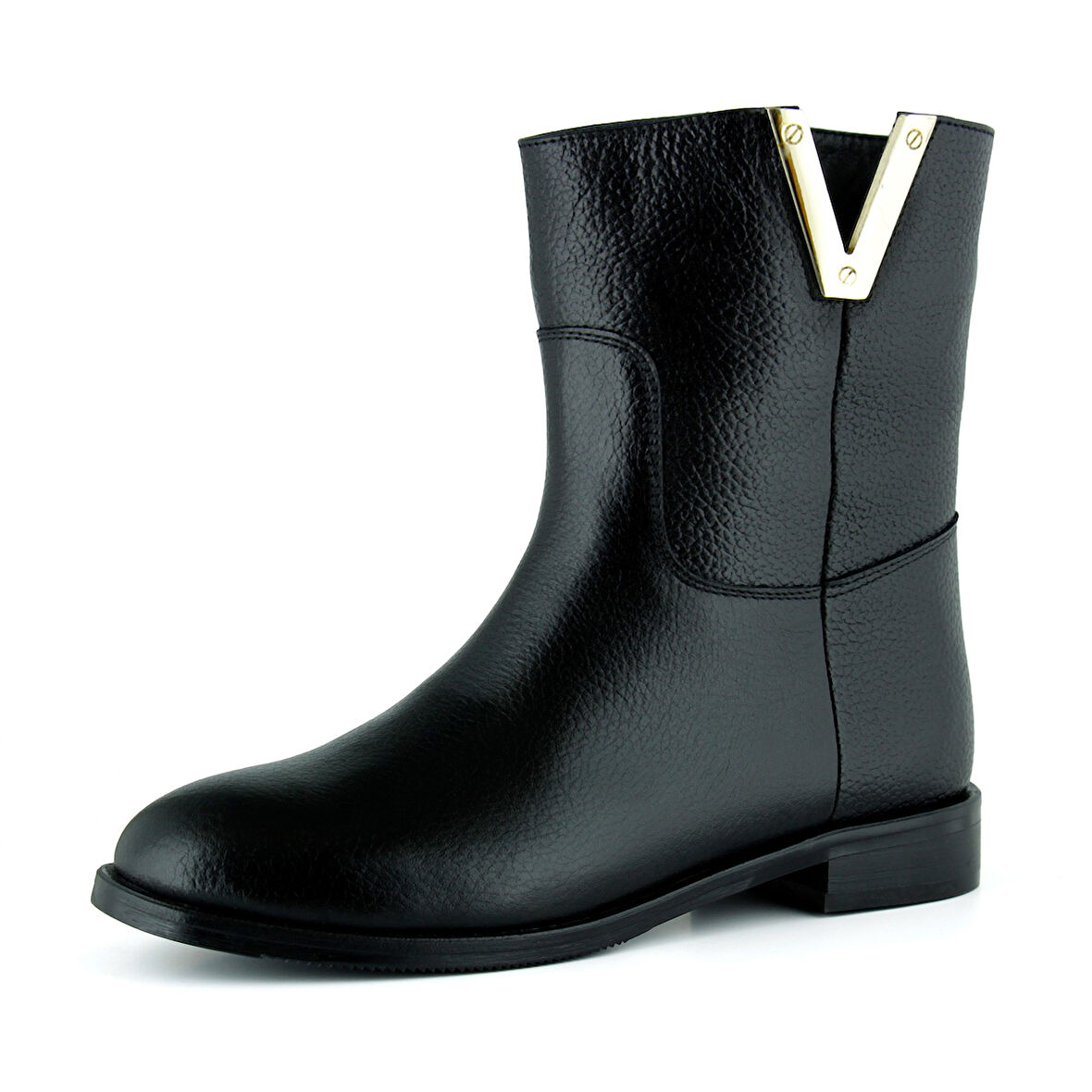 Erkan saçma Siyah Hakiki Dana Derisi Metal Detaylı Fermuarlı Yuvarlak Burun Kalın Topuklu Günlük Bot