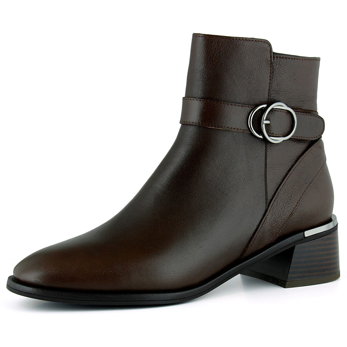 Erkan saçmacı Kahverengi Hakiki Dana Derisi Tokalı Fermuarlı Yuvarlak Burun Kalın Topuklu Günlük Bot