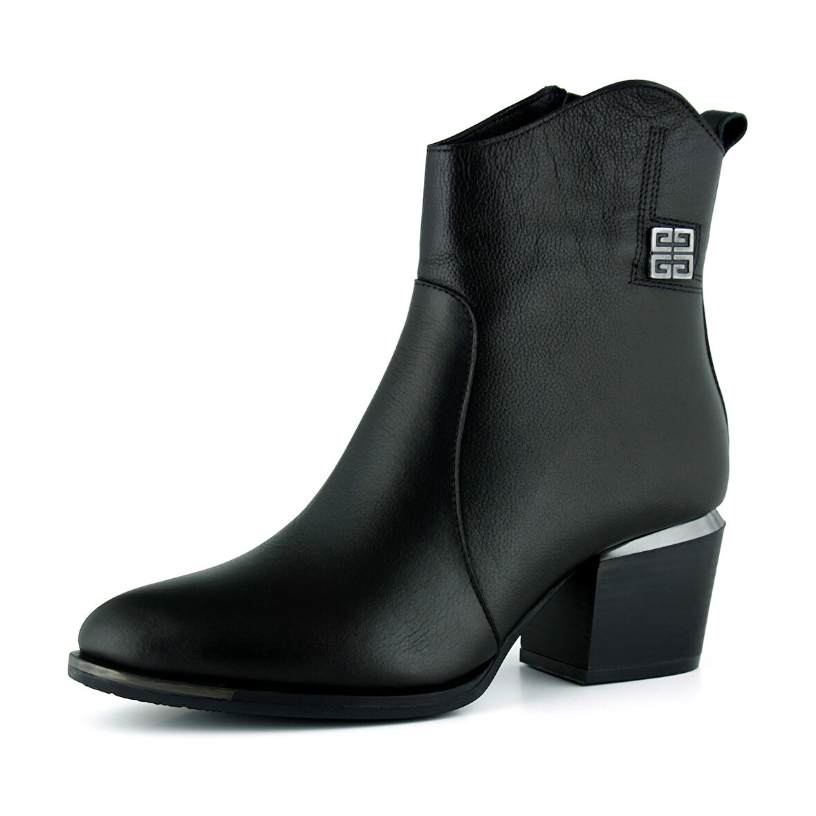 Erkan saçmacı  Siyah Hakiki Dana Derisi Tokalı Fermuarlı Sivri Burun Kalın Topuklu Günlük Bot