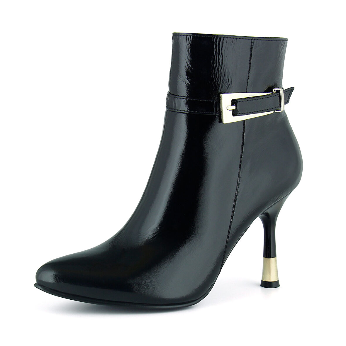 [MAX 1431] Siyah Rugan Hakiki Dana Derisi Tokalı Fermuarlı Sivri Burun İnce Topuklu Günlük Bot