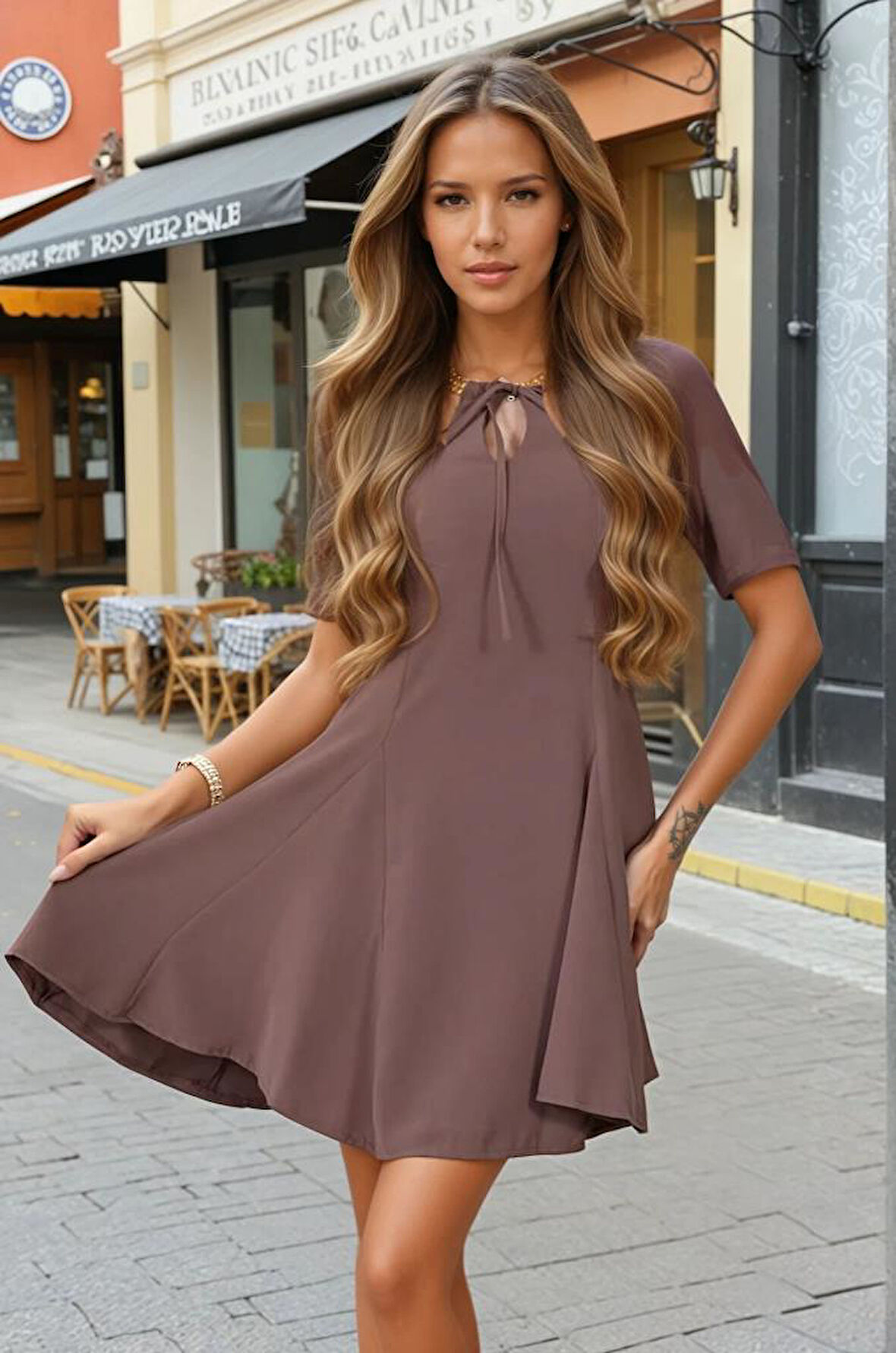 Kadın Volanlı Kısa Kollu Yazlık Mini Giy Çık Elbise 3752308