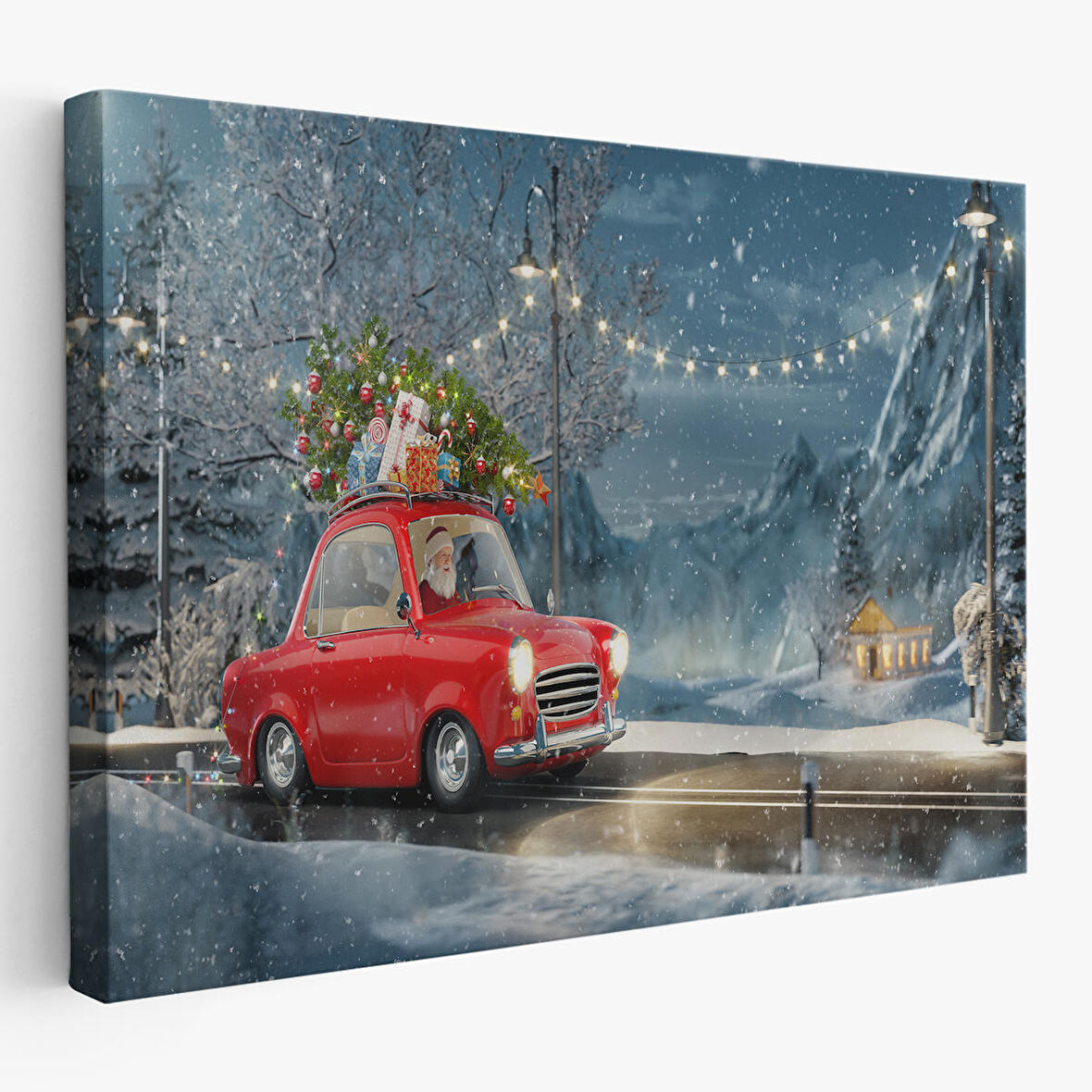 Noel Baba ve Küçük Kırmızı Retro Arabası Kanvas Duvar Tablosu-3752