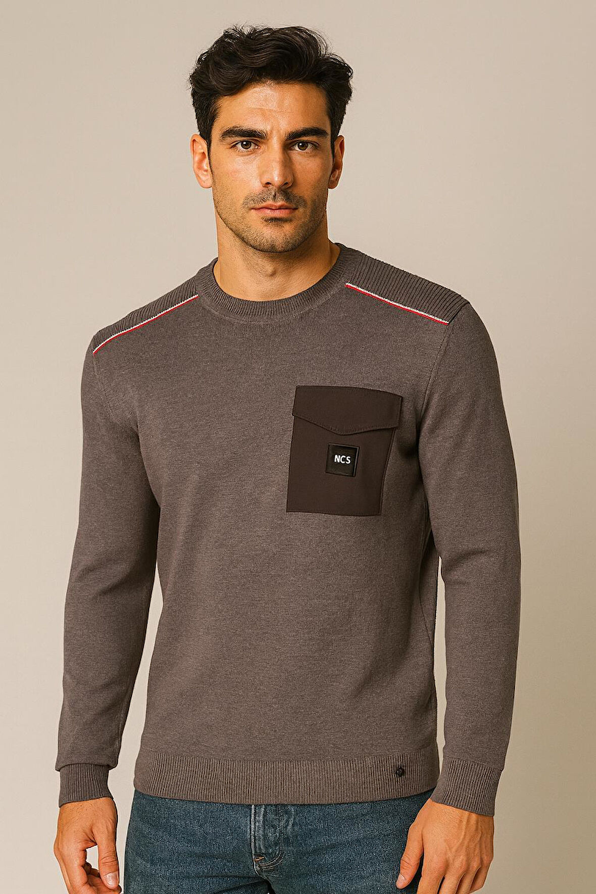 Erkek Triko Bisiklet Yaka Cep Detaylı Gri 3753