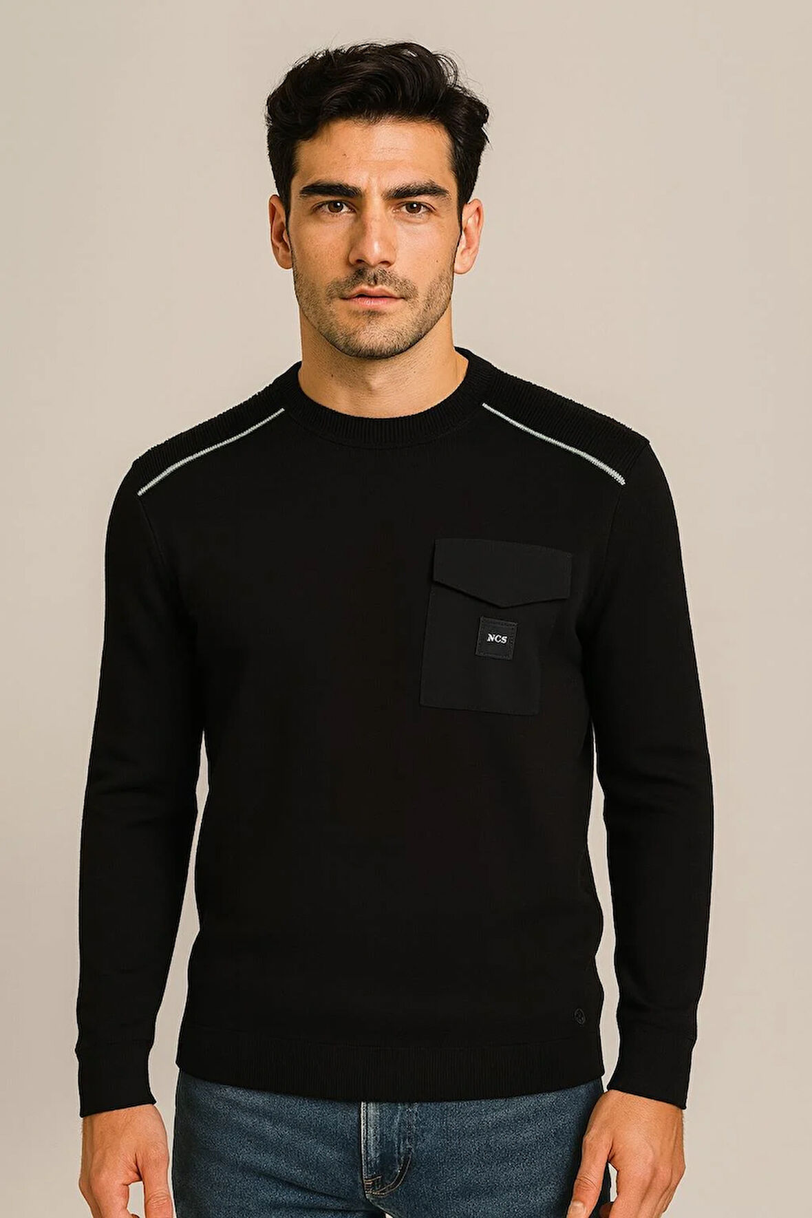 Erkek Triko Bisiklet Yaka Cep Detaylı Siyah 3753