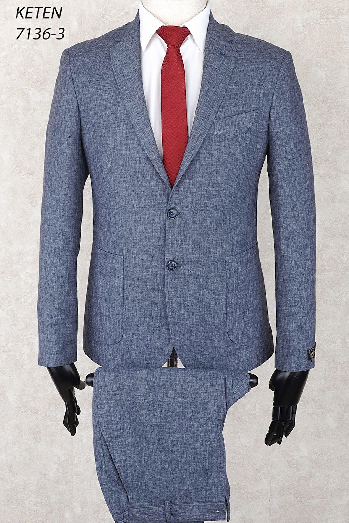 Keten Torba Cep İpli Lastikli Pantolon  Slim Fit Mono Yaka-Çift Yırtmaç Astarsız Drop 6  Takım Elbise