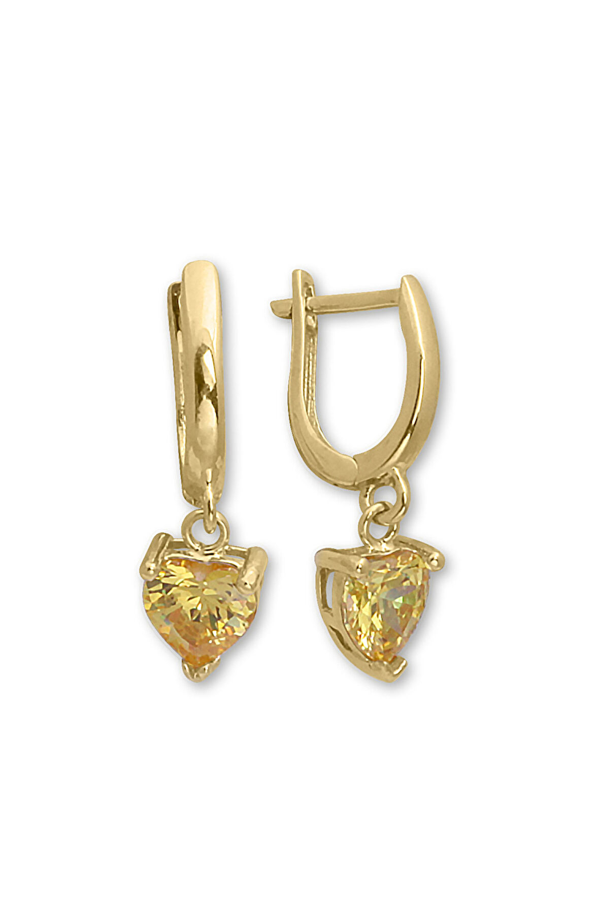 Sarı Taşlı Altın Kalp Küpe