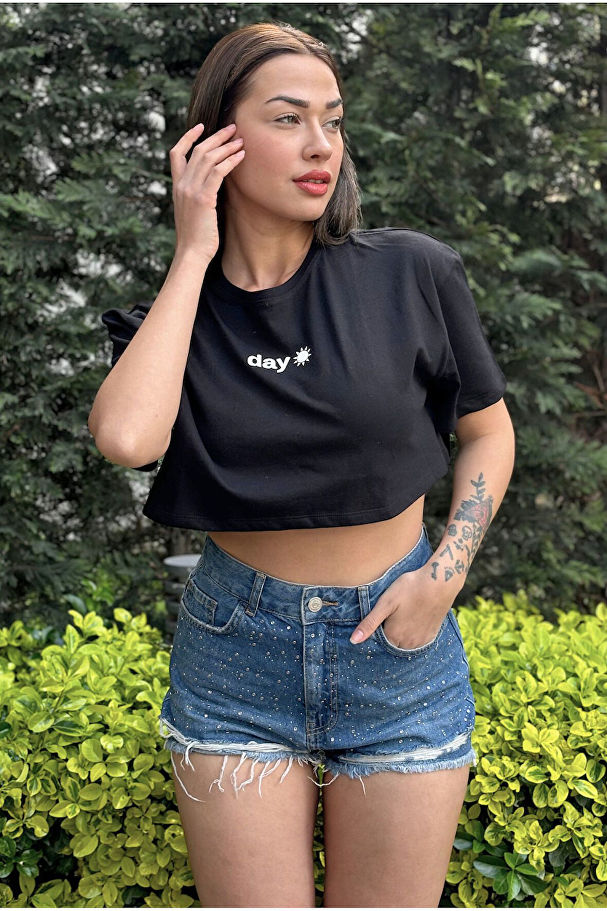 Kadın Bisiklet Yaka Baskılı Oversize Crop T-shirt