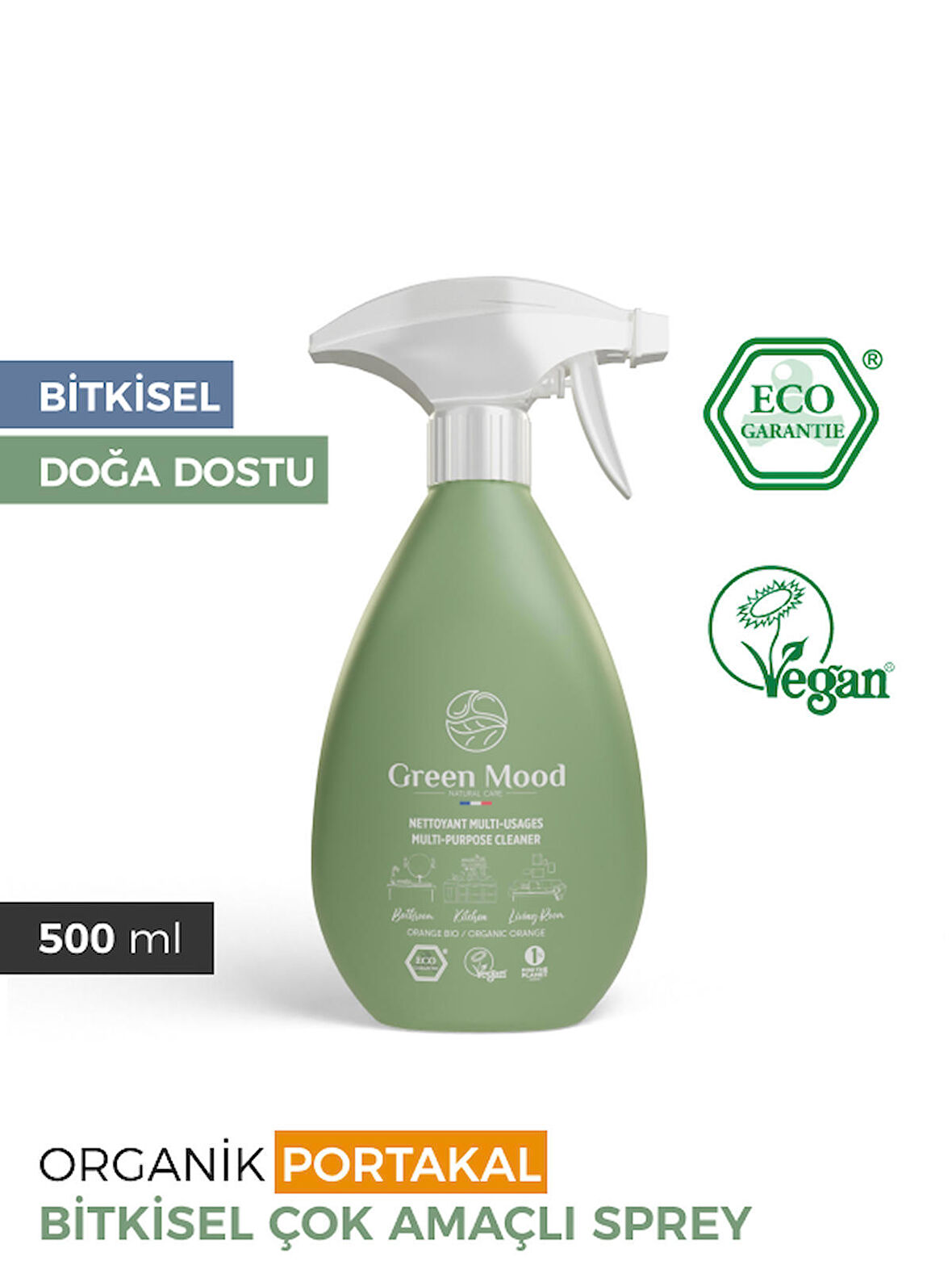 Bitkisel Vegan Çok Amaçlı Sprey Yüzey Temizleyici Portakal 500 ml Organik Portakal Yağlı