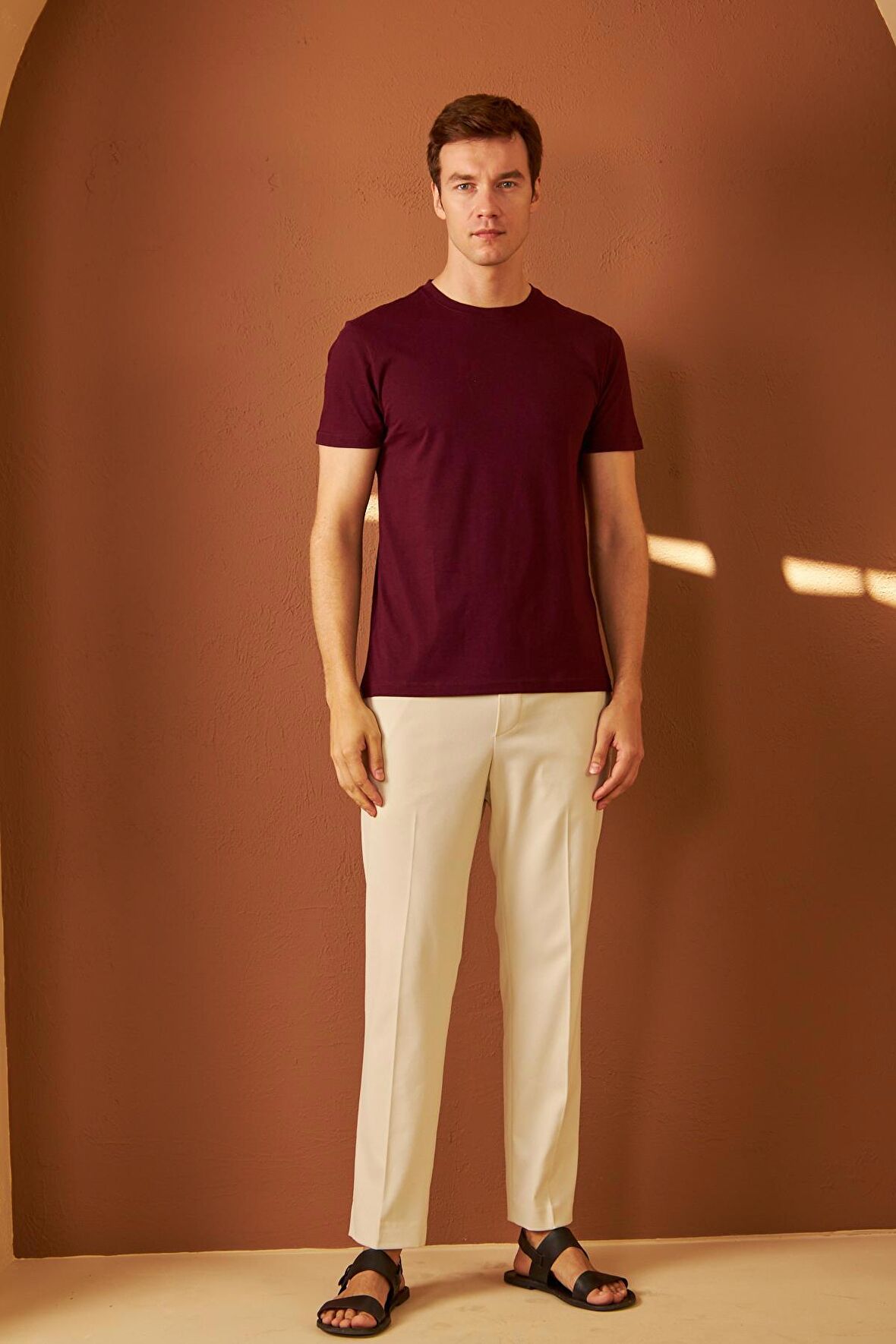 Erkek Bisiklet Yaka Slim Fit Basic Tişört Bordo