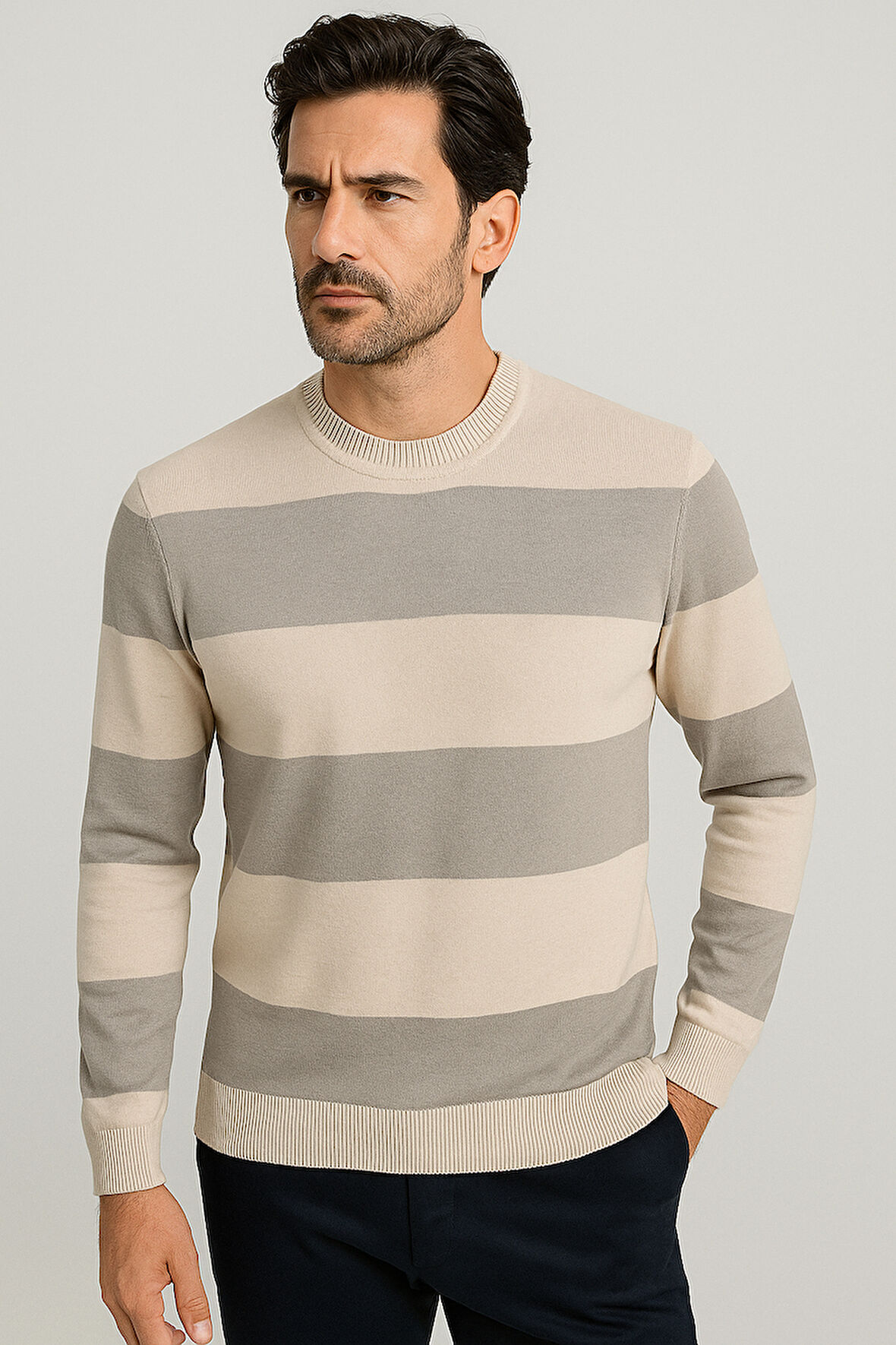 Erkek Bisiklet Yaka Triko %100 Pamuk Bej 3774 