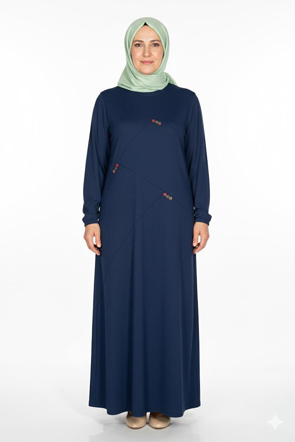 Hesna Kadın Deren Büyük Beden Düğme Detaylı Fitilli İndigo Elbise