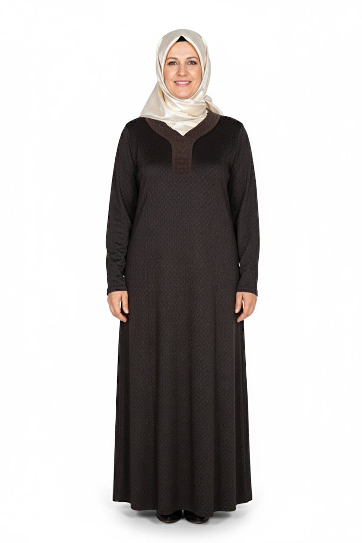 Hesna Kadın Buket Büyük Beden Devore Kuplu Kışlık Kahve Elbise