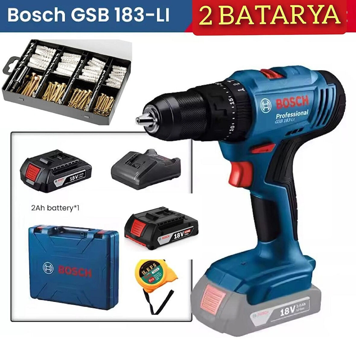BOSCH Gsb 183 Lİ Çift Bataryalı Darbeli Akülü Vidalama, Bosch 173 Parça Matkap Ucu Seti ve Metre