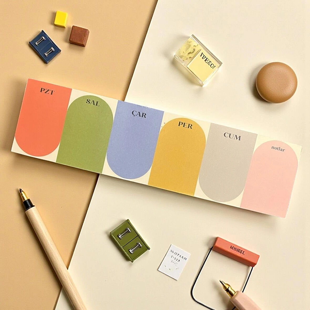 Fark Tanıtım Renkli Haftalık Masa Planlayıcı | Klavye Altı BlokNot – 80 Yaprak, 90 gr Ivory Kağıt, 8x30 cm