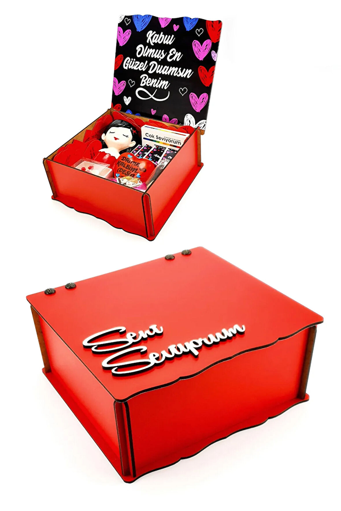 Kırmızı Ahşap Kutuda Sürpriz  Hediye Seti