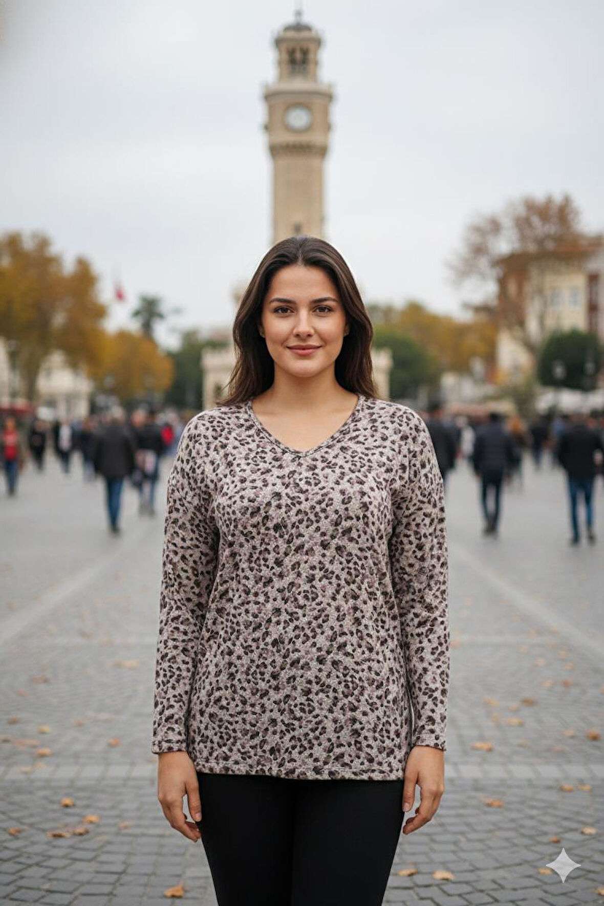 Barem Kadın Lina Büyük Beden Kışlık V Yaka Yumoş Kahve Bluz D08