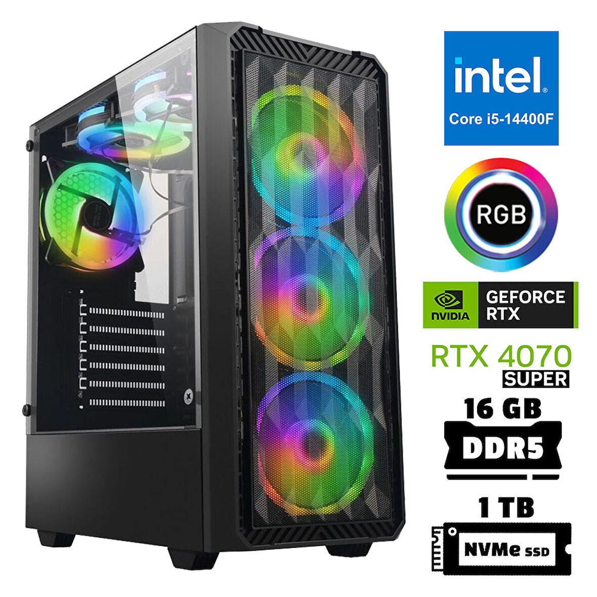 Xaser Xsr953 i5 14400F 16GB DDR5 Ram 1TB M.2 NVMe SSD 12GB RTX4070 SUPER Masaüstü Oyuncu Bilgisayarı