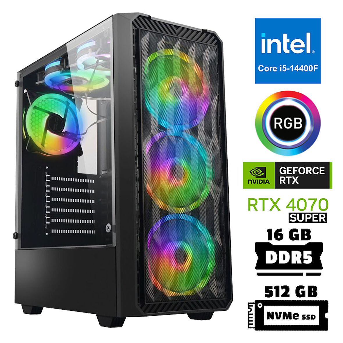 Xaser Xsr952 i5 14400F 16GB DDR5 Ram 512GB M.2 NVMe SSD 12GB RTX4070 SUPER Masaüstü Oyuncu Bilgisayarı