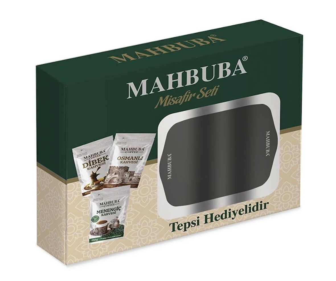 Mahbuba Kahve Misafir Seti Kahve Tepsi Hediyeli (Dibek, Menengiç ve Osmanlı Kahvesi - 3x150 Gr)