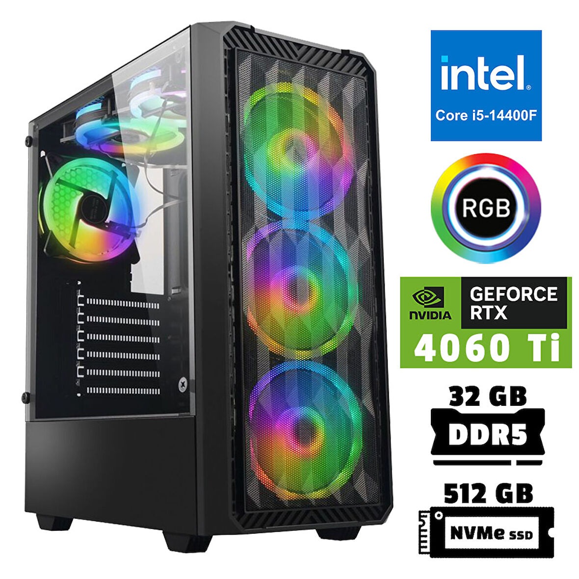 Xaser Xsr960 i5 14400F 32GB DDR5 Ram 512GB M.2 NVMe SSD 8GB RTX4060 Ti Masaüstü Oyuncu Bilgisayarı