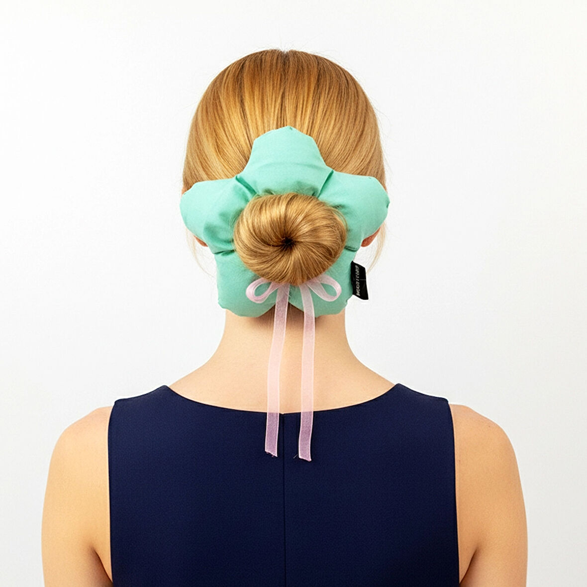 WoodyCord El Yapımı Mint Yeşili Pembe Fiyonklu Çiçek Scrunchie Topuz Tokası