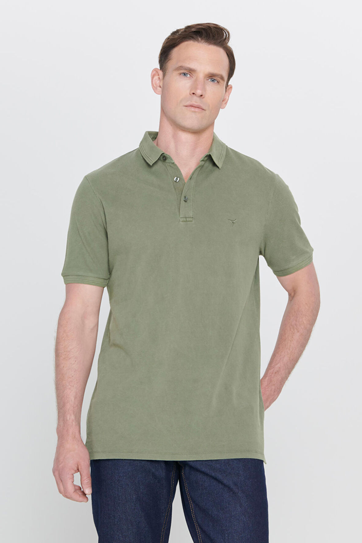 Erkek Haki Slim Fit Dar Kesim Polo Yaka %100 Pamuk Kısa Kollu Desenli Tişört