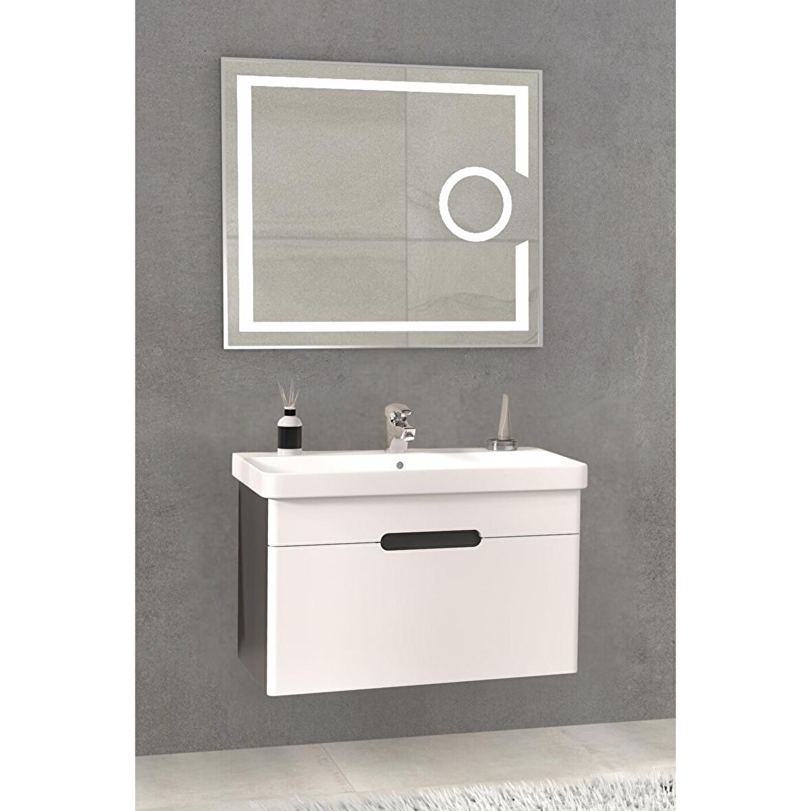 OLIMPIA 80 CM BANYO DOLABI  LED MERCEK AYNALI ANTRASİT / BEYAZ -  BOY DOLAP HARİÇ