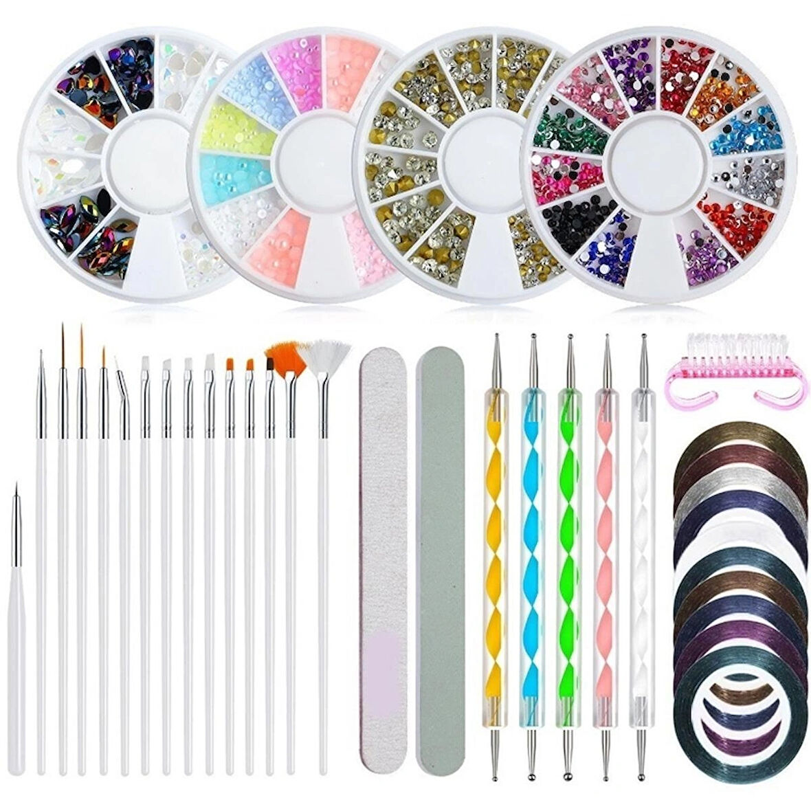 Nail Art Tırnak Süsleme Seti - Renkli Taşlar, Çizgi Bant, Törpü ve Nail Art Aksesuarları