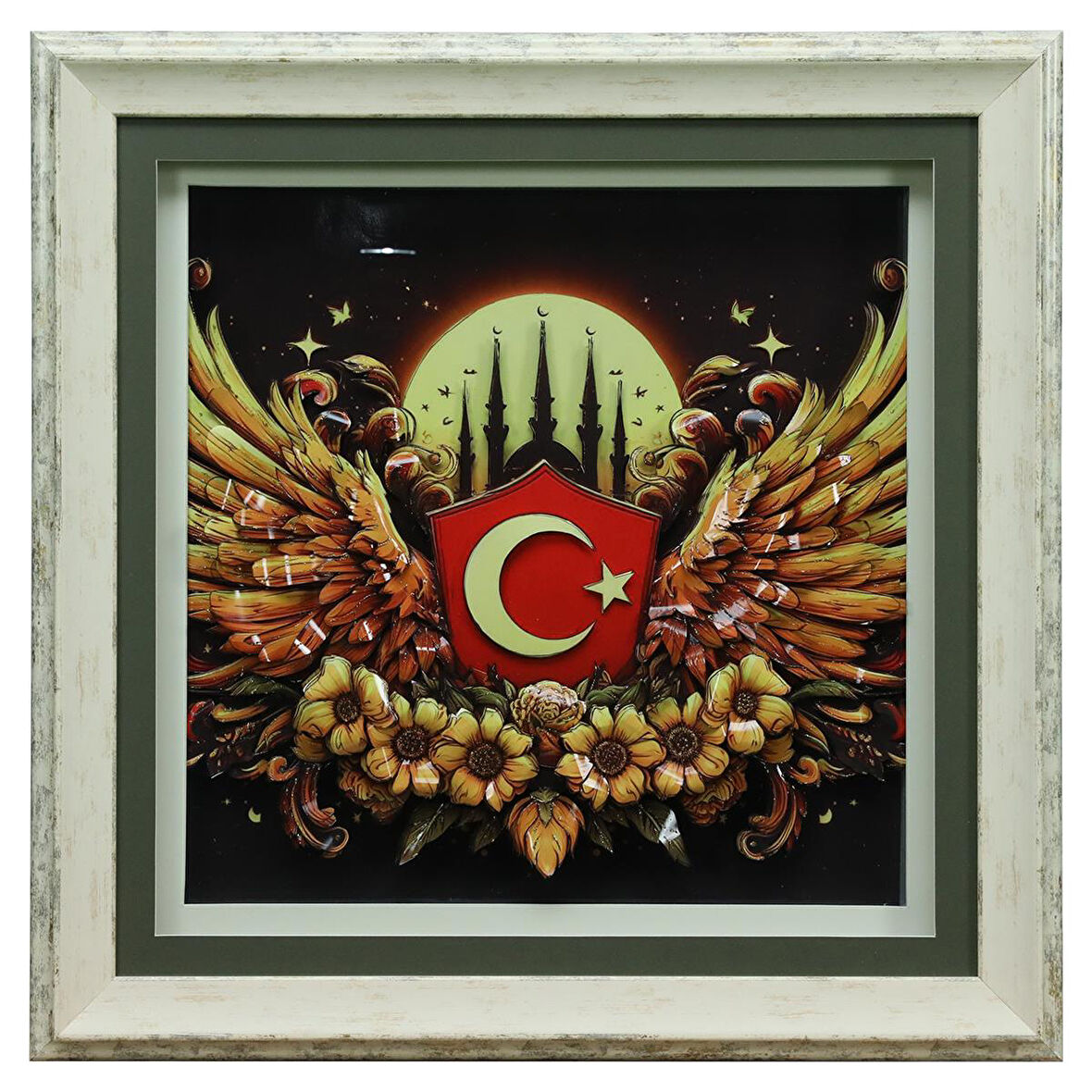 e38 EL İŞÇİLİĞİ AY YILDIZ  KAĞIT RÖLYEF TABLO 66x66 CM - 6335