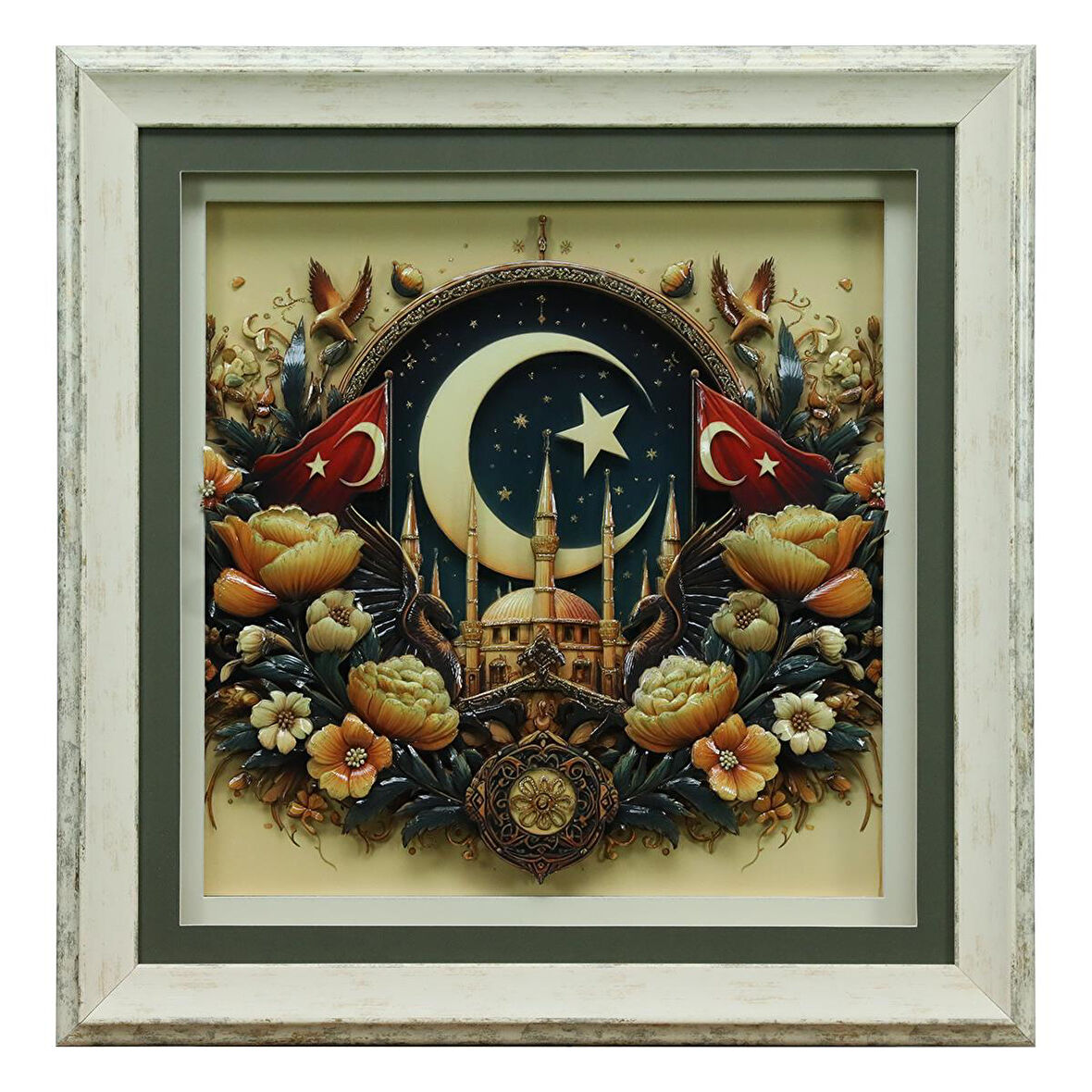 e38 EL İŞÇİLİĞİ AY YILDIZ  KAĞIT RÖLYEF TABLO 68x66 CM - 6336