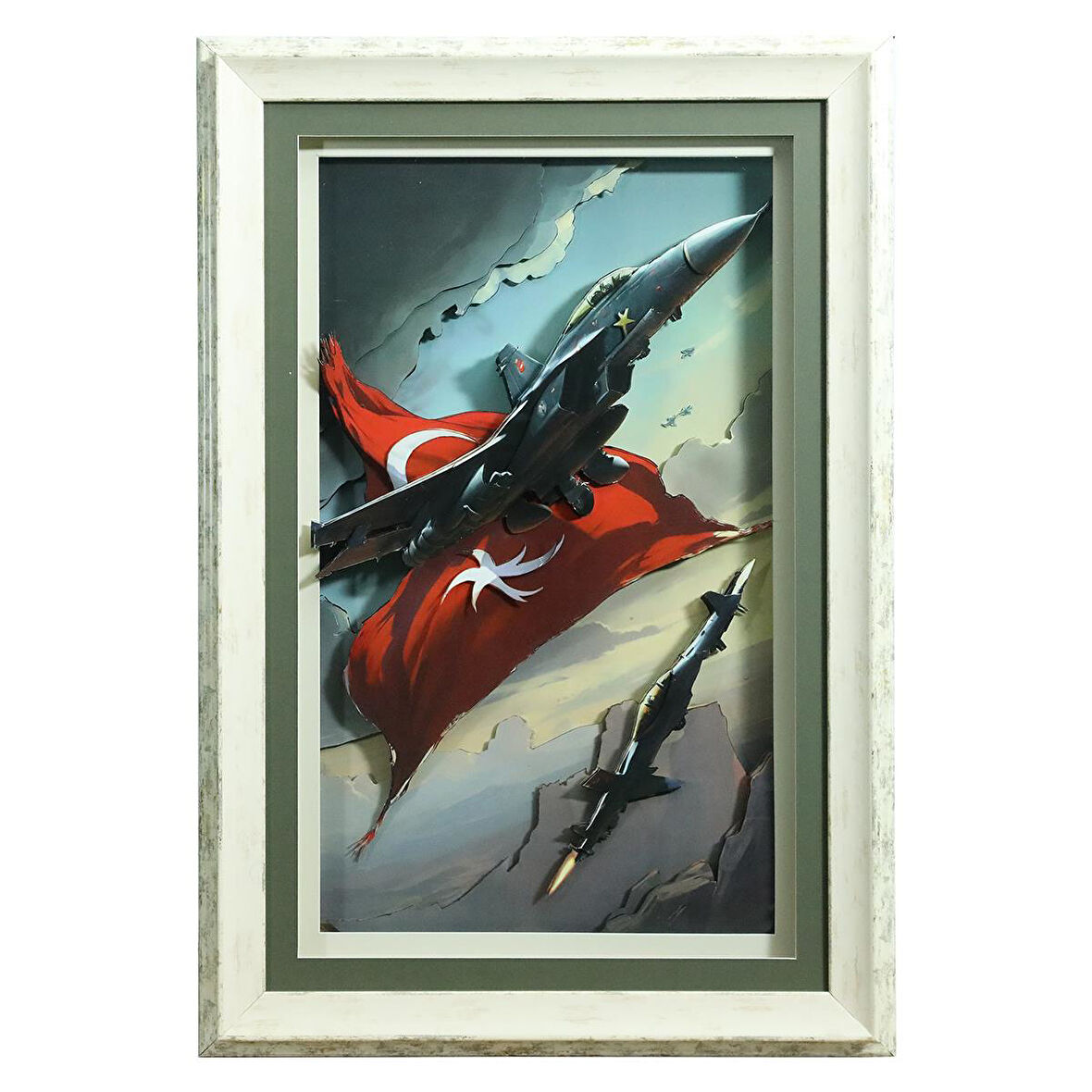 e38 EL İŞÇİLİĞİ F16 UÇAK KAĞIT RÖLYEF TABLO 58x85 CM - 6339