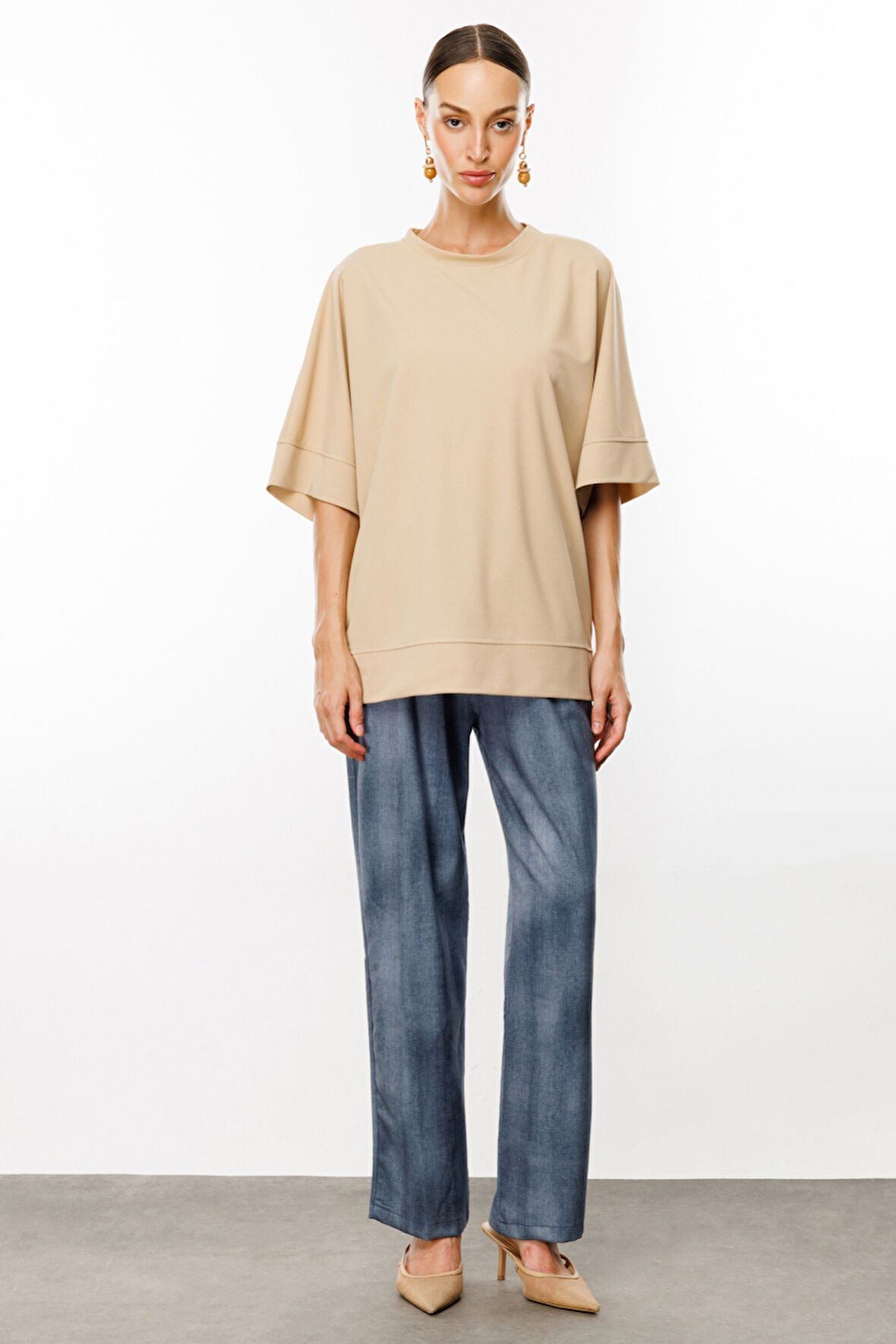 Kadın Sıfır Yaka Salaş Tunik-Kum | L