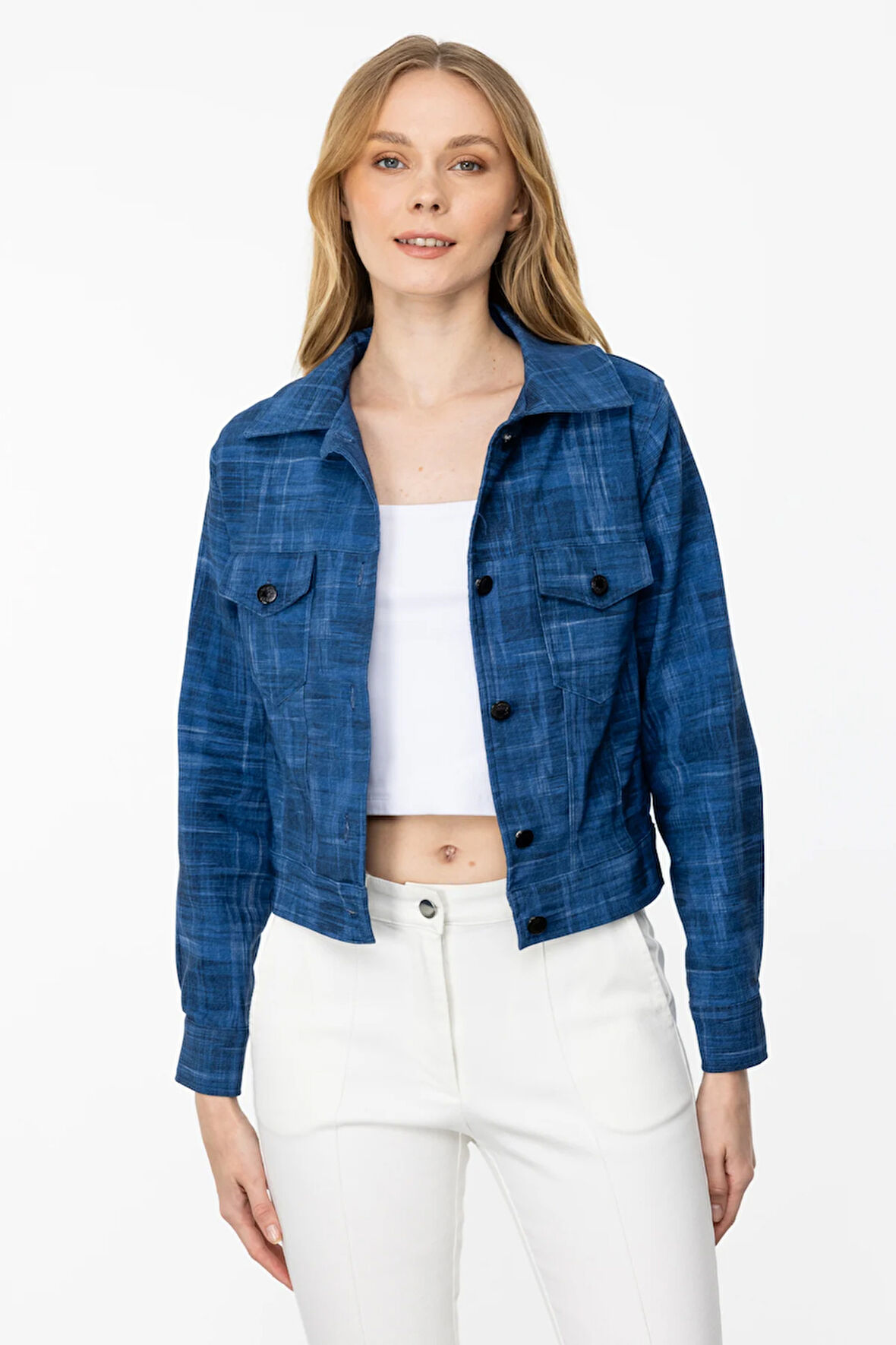 Kadın Cepli Düğmeli Ceket-İndigo | L