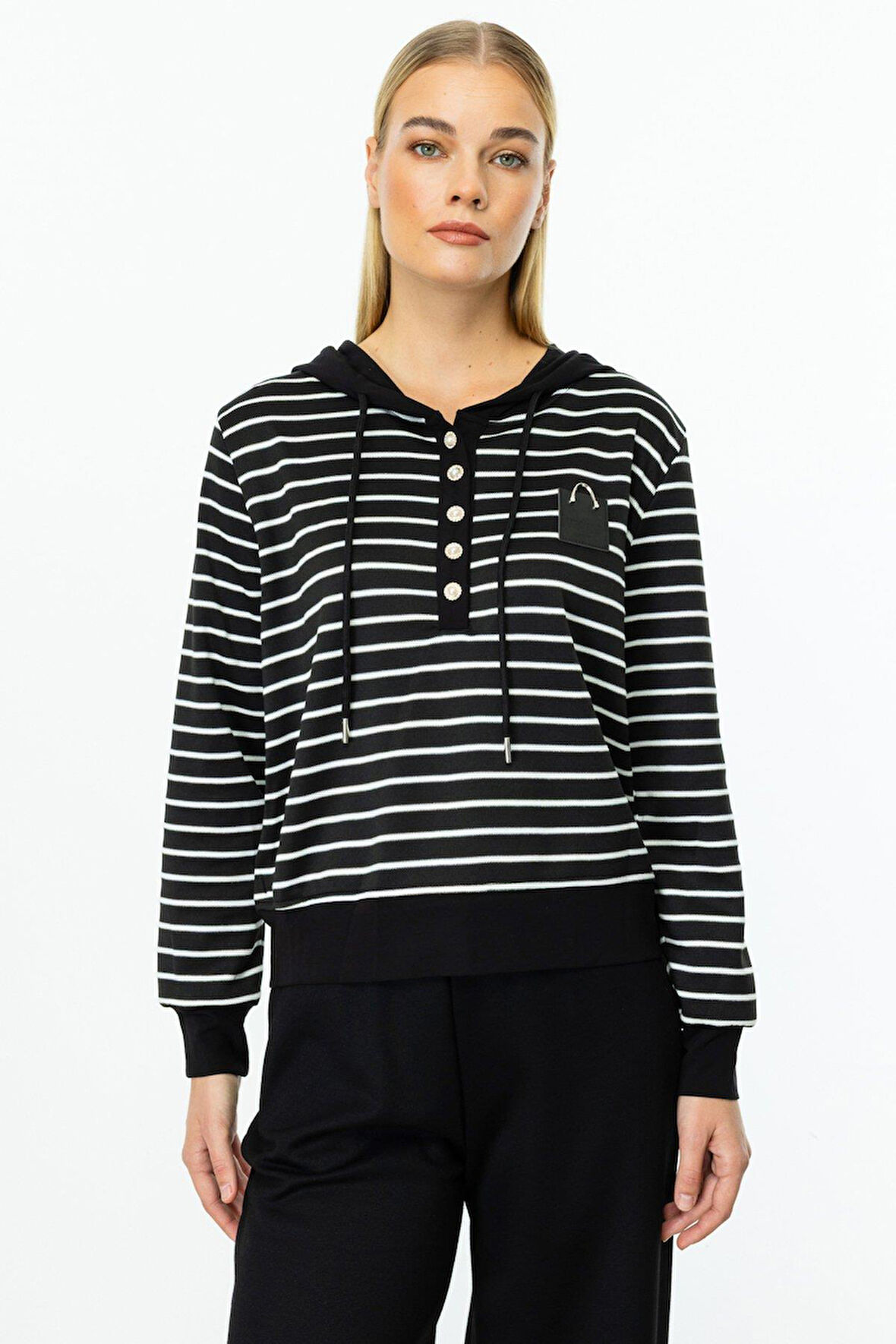 On Fashion ÇİZGİLİ KAPŞONLU UZUN KOL SWEAT