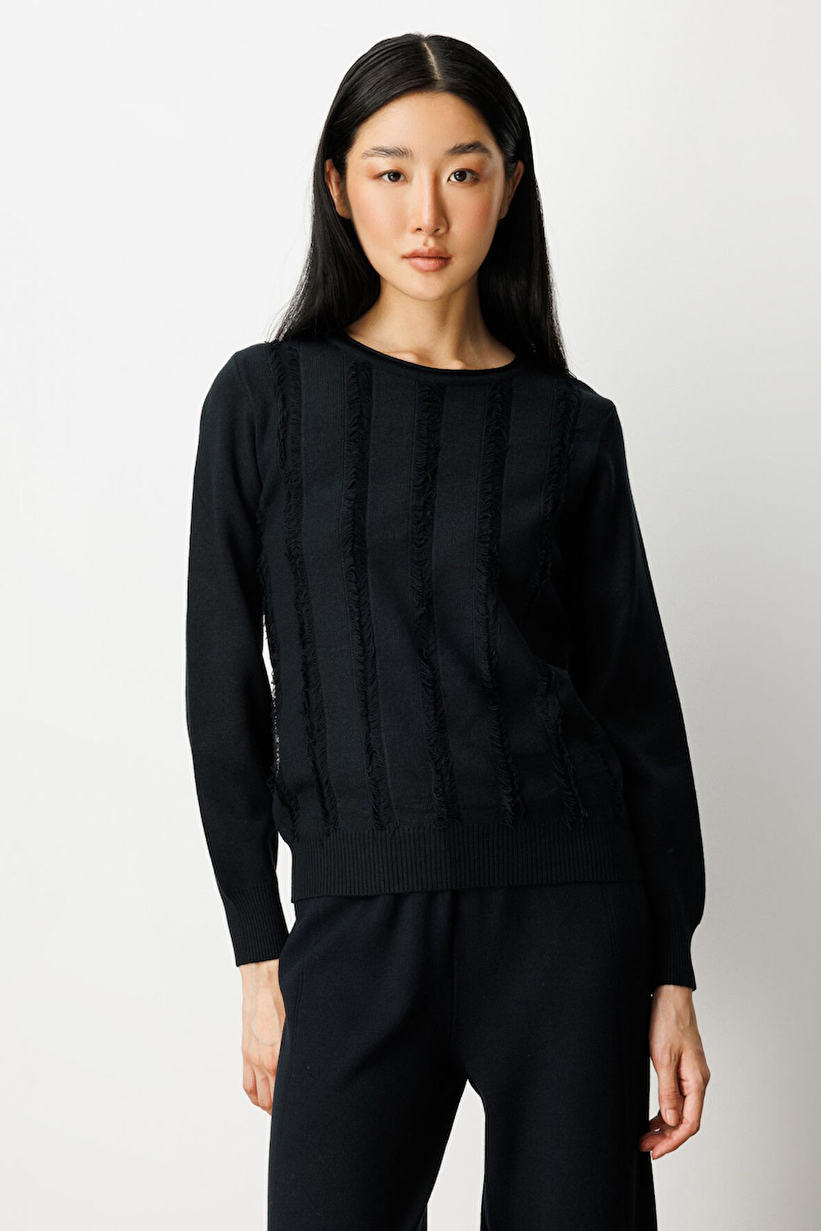 On Kadın Sıfır Yaka Püskül Detaylı Triko Kazak 65306 Siyah