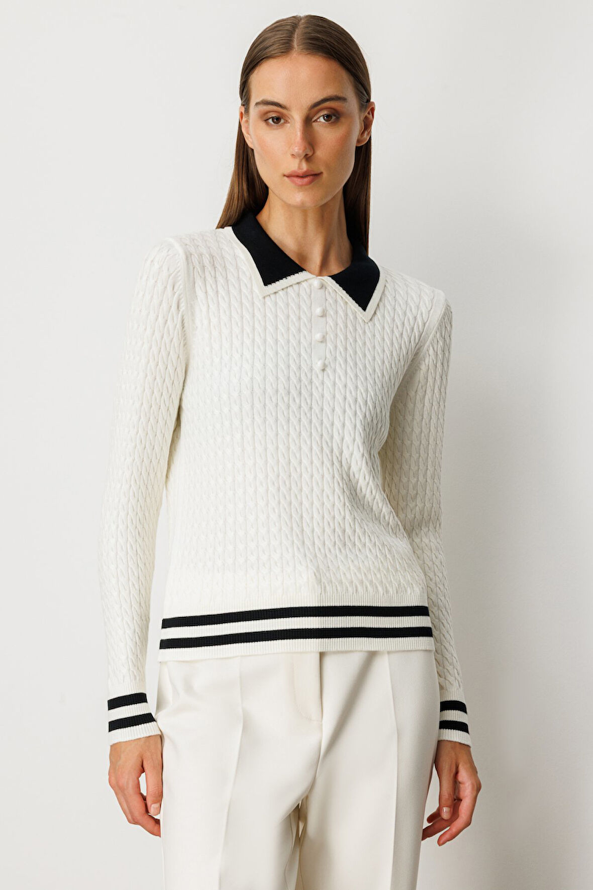 On Kadın Polo Yaka Örgü Desenli Triko Kazak 65332 Ekru