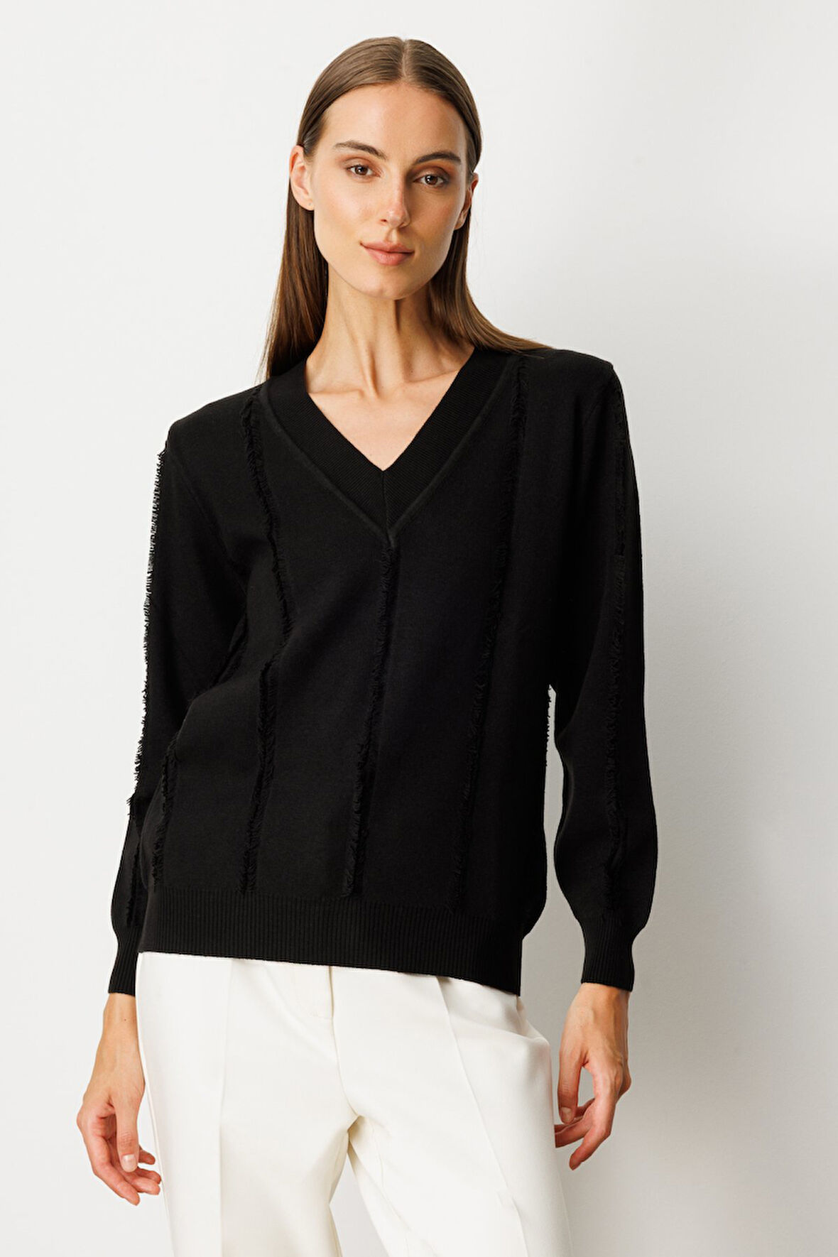 On Kadın Yaka Şerit Kırçıllı Triko Kazak 65321 Siyah